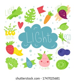 Symbols of healthy eating. Light blue cloud. Modern vector illustration.