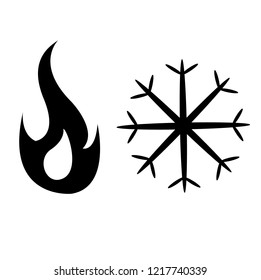 Symbols of heat and cold. Black vector icons of fire and snowflakes isolated on white background