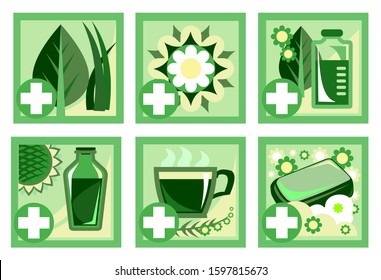 Symbols of herbal medicine. Vector. Set. Medical website, banners, booklets. Leaves, herbs, flowers, roots, medicinal herbal teas, tinctures, oils, detergents, soap. Eco products.