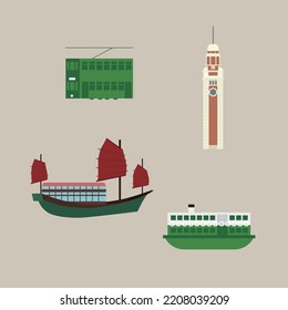 Symbols of Hong Kong city, Skyline, food, landmarks, travel elements vector illustrations on a beige background. Vector illustration of Hong Kong nostalgic items. Transport in Hong Kong.