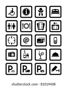 Symbols hotel services. Signs set motel services. Black.