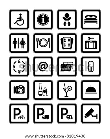 Symbols hotel services. Signs set motel services. Black.