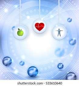 Symbols how to get healthy life, eating healthy food and fitness leads to healthy heart and life. Beautiful abstract  bright background with balls.