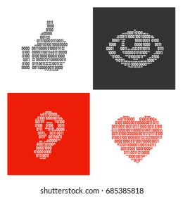 Symbols of human body parts filled in binary symbols / Hand, eye, ear and heart filled in real binary symbols
