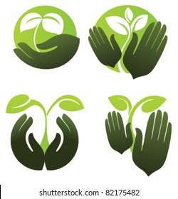 Symbols Of Human's Hands And Growing Plants