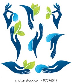 symbols of human's hands, plants and water drops