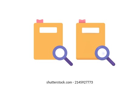 symbols and icons. search for journals, books, novels, literature, and references. search engine. magnifying glass. simple 3d illustration and flat cartoon. concept vector design