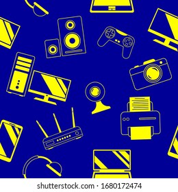 Symbols and images of digital, video and computer equipment in gold color. Seamless ornament, pattern and template. Vector square orientation on blue background. For wrapping paper, texture, packaging