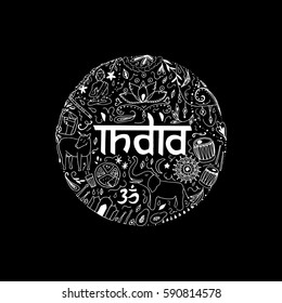 Symbols of India in the form of circle. Hand drawing elements of India on a black background.