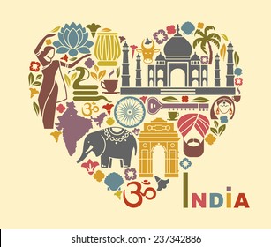 Symbols of India in the form of heart
