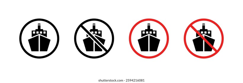 Symbols indicating permissions for ship entry with red and black circles and slashes. Vector icon