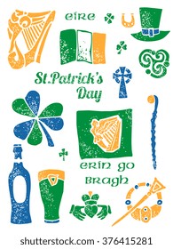 Symbols of Ireland and St.Patricks day set in lino style