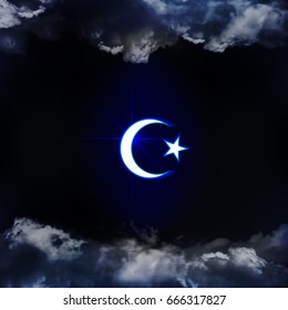Symbols of islam religion. The symbol is seen through the clouds in the night sky. Vector