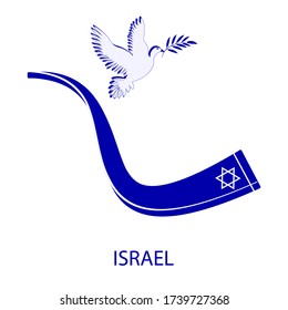 Symbols of Israel - shafar, dove with laurel branch - isolated - blue and white background - vector. Jerusalem Independence Day.