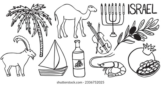 Symbols of Israel. Vector stock illustration. isolated on a white background. Camel, pomegranate, violin, wine, olives, shrimp, sail, palm, nubian ibex.