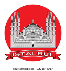 Symbols of Istanbul Turkey with the Sultan Ahmed Mosque or The Blue Mosque the famous landmarks drawing in vector