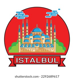 Symbols of Istanbul Turkey with the Sultan Ahmed Mosque or The Blue Mosque the famous landmarks drawing in colorful cartoon vector