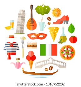 Symbols of Italy in flat style. A set of famous Italian landmarks. Vector icons on the theme of travel to Europe. Tourism