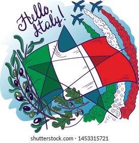 Symbols of Italy- Frecce tricolori tricolour arrows in the sky, olive branch, oak, flag and star. Vector illustration.