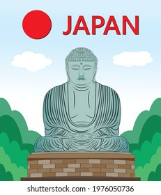 The symbols of Japan with Big buddha drawing in cartoon vector