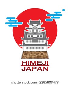 Symbols of Japan with famous Himeji castle in Hyogo Prefecture background with red sun drawing in colorful vector
