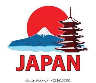 symbols of Japan with five storey japan style red pagoda background with famous Fuji mountain and Sun or Japan flag drawing in cartoon vector