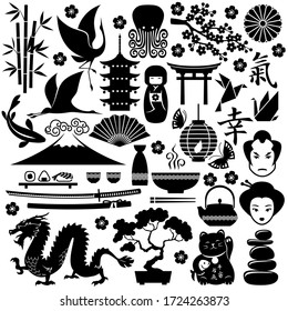 Symbols of Japan. Vector flat black icons set. Japan elements.