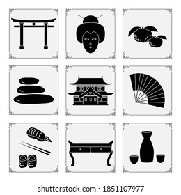 Symbols of Japanese culture Geisha face, sake set, torii ritual gates, stones massage, rolls sushi chopsticks table fan tangerines castle Japan Traditions Oriental elements Set Travel Design for print