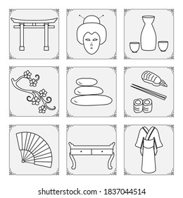 Symbols of Japanese culture Kimono, geisha face, sake set, torii ritual gates, sakura, stones massage, rolls sushi chopsticks, table, fan Japan Traditions Oriental elements Set Travel Design for print