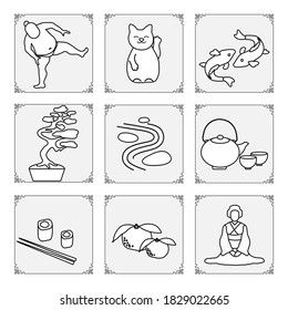 Symbols of Japanese culture Japanese woman in kimono, tangerines, rolls, sushi, chopsticks, teapot, cups, sumo athlete, rock garden, lucky cat Maneki Neko, koi carps, bonsai plant Oriental elements