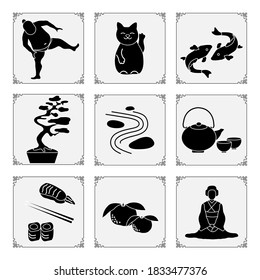 Symbols of Japanese culture Japanese woman in kimono, tangerines, rolls, sushi, chopsticks, teapot, cups, sumo athlete, rock garden, lucky cat Maneki Neko, koi carps, bonsai plant Oriental elements