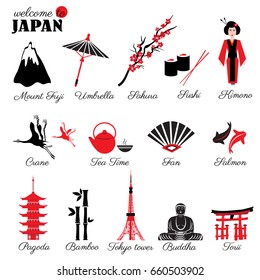 Symbols japanese pagoda, Tokyo tower, torii, Buddha, sushi, Mountain Fuji, branch sakura flower, kimono, bamboo, cranes bird vector illustration travel icon, decorative sign for design advertising