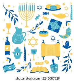 Symbols of jewish holiday hanukkah flat icons set. Special holiday elements. Jewish menorah, David star, manuscript, wine and sweets. Judaism faith. Color isolated illustrations