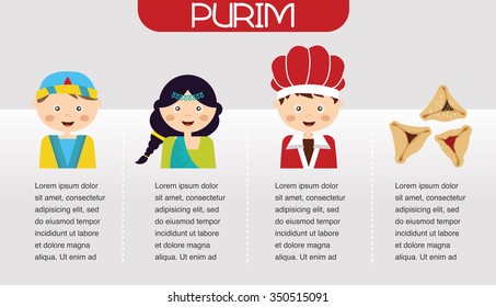 Symbols of Jewish holiday Purim with traditional characters. infographics design