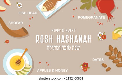 symbols of Jewish holiday Rosh Hashana, New Year. Infographic poster. happy and sweet new year in Hebrew, Shana tova. vector template design