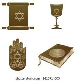 Symbols of the Jewish religion - Scroll, Cup, Book, Palm - decorated with the star of David - isolated on white background - vector. Hanukkah. Religion. Tradition.