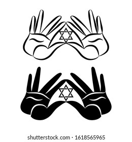 The symbols of Judaism- David star and the stylized Cohen blessing hands, silhouette and line drawing. Without background, isolated