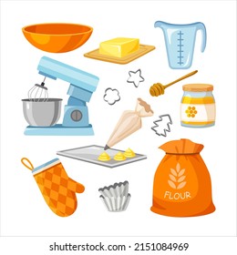 Symbols of kitchen tools, baking ingredient and food product.