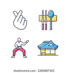 Symbols of Korea RGB color icons set. Finger heart. Sujeo utensils. Taekwondo fighter in position. Hanok traditional building. Asian culture. Korean traditions. Isolated vector illustrations