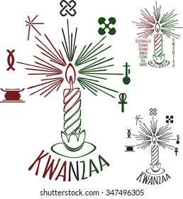 Symbols of Kwanzaa with silhouette of couple of Africans. Vector illustration