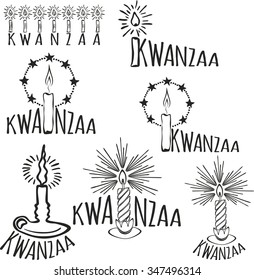 Symbols of Kwanzaa with silhouette of couple of Africans. Vector illustration