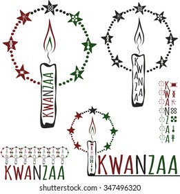 Symbols of Kwanzaa with silhouette of couple of Africans. Vector illustration