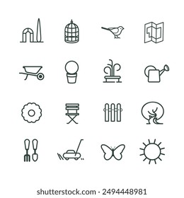 Symbols for landscaper, garden designer, gardener, urban planner, nurseryman. Editable vector illustration, colors and texts, mock-up stationery, signs, truck wrapping