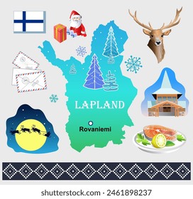 Symbols of Lapland (Finland). Outline of the land, architecture and national food. Set of clip arts vector illustration