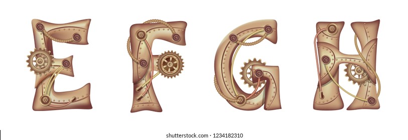 Symbols of the Latin alphabet E F G H. The letters of the English language. Copper and brass mechanisms with tubes, gears and rivets. Freely editable isolated on white background.