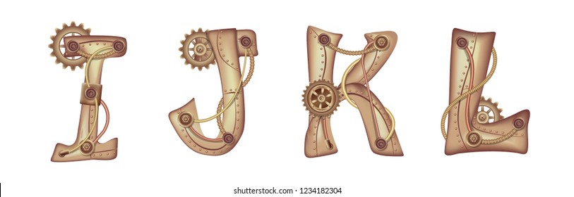 Symbols of the Latin alphabet I J K L. The letters of the English language. Copper and brass mechanisms with tubes, gears and rivets. Freely editable isolated on white background.