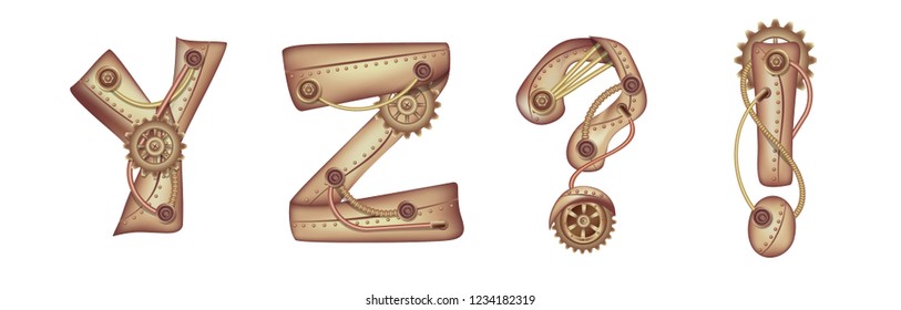 Symbols of the Latin alphabet Y Z and punctuation marks. The letters of the English language. Copper and brass mechanisms with tubes, gears and rivets. Freely editable isolated on white background.