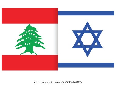 Symbols of Lebanon and Israel Flags displayed side by side representing complex regional relations and conflict. Vector illustration. 
