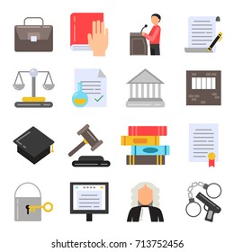 Symbols of legal regulations. Juridical icons set in flat style. Legal juridical, tribunal and judgment, law anb gavel, vector illustration