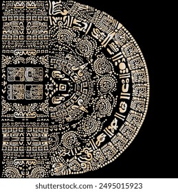 Symbols, letters, masks and images of the ancient Mayan and Aztec civilizations.The Mayan alphabet. Ancient signs of America on a black background.Frame. Mayan calendar.